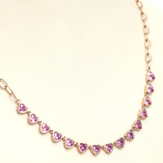 BEZELED PINK SAPPHIRE HEART PAPERCLIP NECKLACE