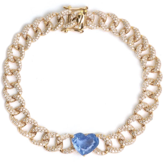 SKY BLUE SAPPHIRE HEART CUBAN CHAIN BRACELET