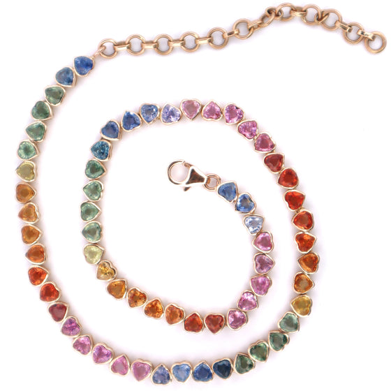 BEZELED PARTY-COLORED SAPPHIRE HEART TENNIS NECKLACE