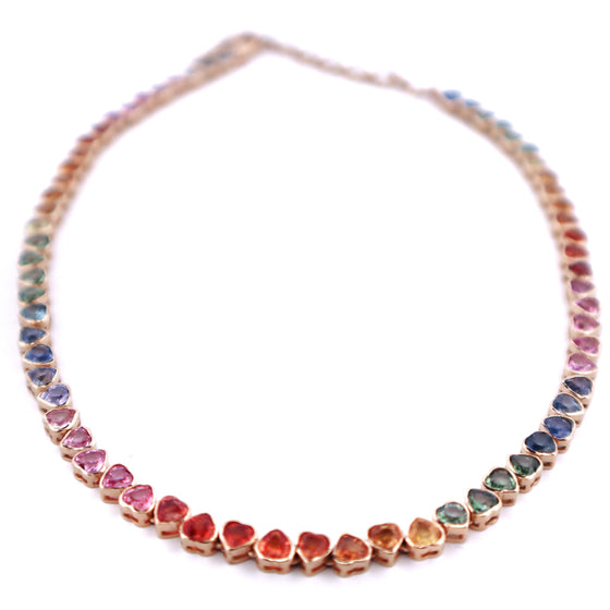 BEZELED PARTY-COLORED SAPPHIRE HEART TENNIS NECKLACE