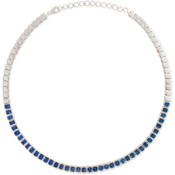 BLUE SAPPHIRE (EMERALD-CUT) BEZELED TENNIS NECKLACE