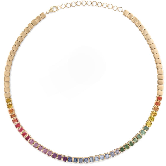 PARTY-COLORED SAPPHIRE (EMERALD-CUT) BEZELED TENNIS NECKLACE