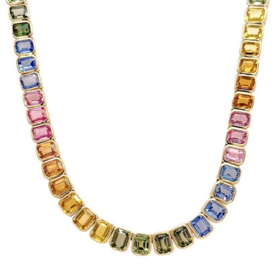 PARTY-COLORED SAPPHIRE (EMERALD-CUT) BEZELED TENNIS NECKLACE