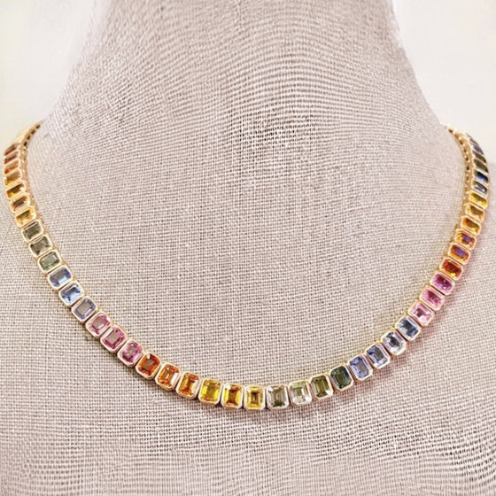 PARTY-COLORED SAPPHIRE (EMERALD-CUT) BEZELED TENNIS NECKLACE