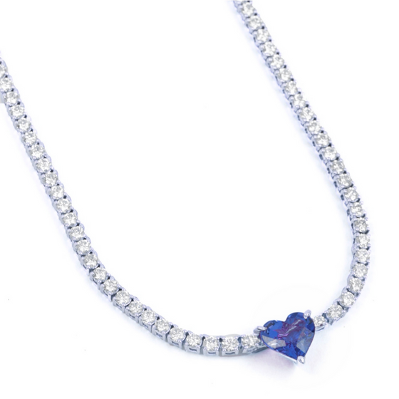 BLUE SAPPHIRE HEART DIAMOND TENNIS NECKLACE