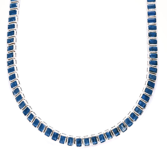 BLUE SAPPHIRE (EMERALD-CUT) BEZELED TENNIS NECKLACE