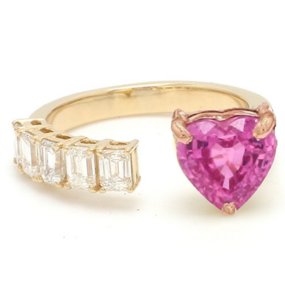 PINK CANDY HEART & DIAMOND (EMERALD-CUT) RING