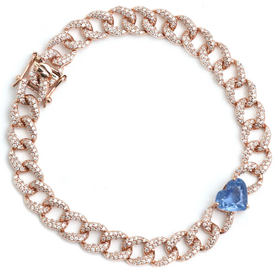 SKY BLUE SAPPHIRE HEART CUBAN CHAIN BRACELET