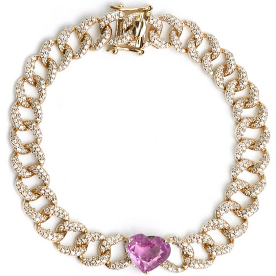 PINK SAPPHIRE HEART CUBAN CHAIN BRACELET