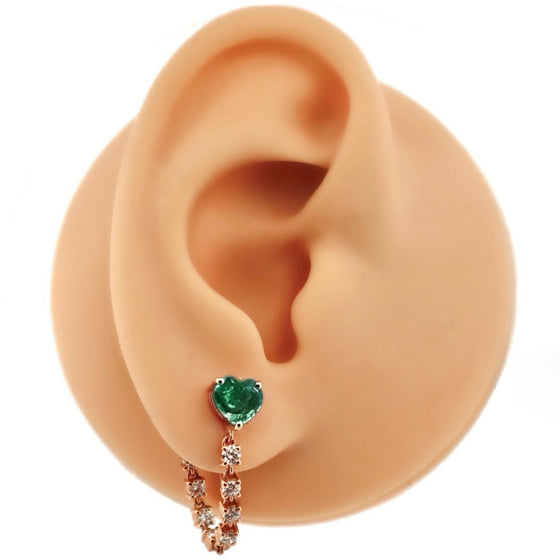 EMERALD HEART & DIAMOND DROPLET LOOP EARRINGS