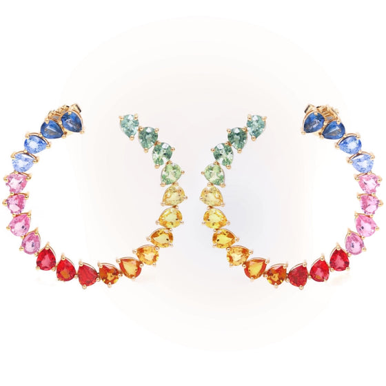 PARTY-COLORED SAPPHIRE PEAR-SHAPE CRESCENT HOOPS