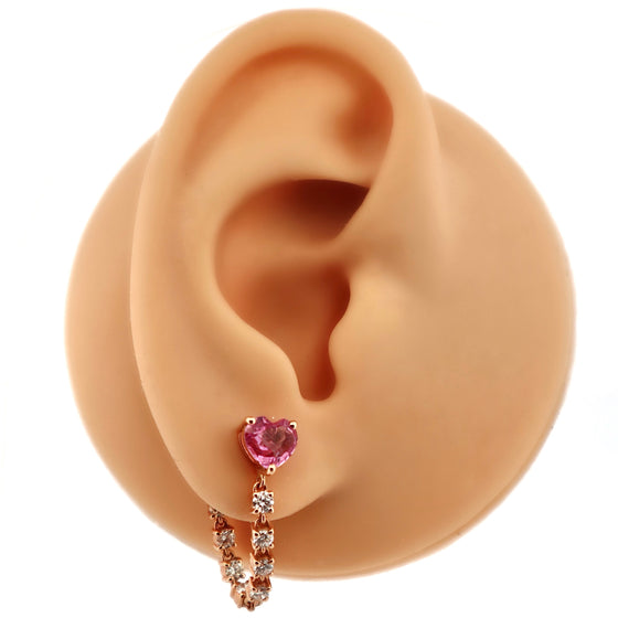 PINK SAPPHIRE HEART & DIAMOND DROPLET LOOP EARRINGS