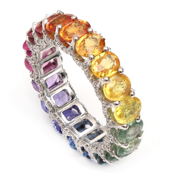 DIAMOND PEEK-A-BOO CHUNKY PARTY-COLORED SAPPHIRE OVAL ETERNAL RING