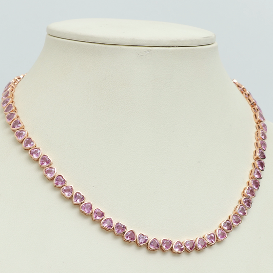 BEZELED PINK SAPPHIRE HEART TENNIS NECKLACE