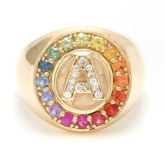 PARTY-COLORED SAPPHIRE "INITIAL-REACTION" SIGNET RING | LETTER RING