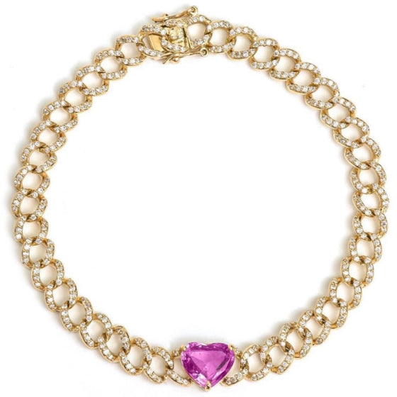 PINK SAPPHIRE HEART CUBAN CHAIN BRACELET