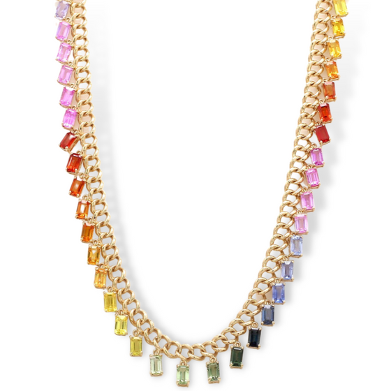 PARTY-COLORED SAPPHIRE EMERALD-CUT CHAIN NECKLACE