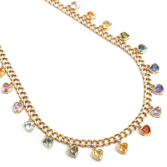 BEZELED PARTY-COLORED SAPPHIRE HEART CHAIN NECKLACE