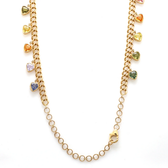 BEZELED PARTY-COLORED SAPPHIRE HEART CHAIN NECKLACE