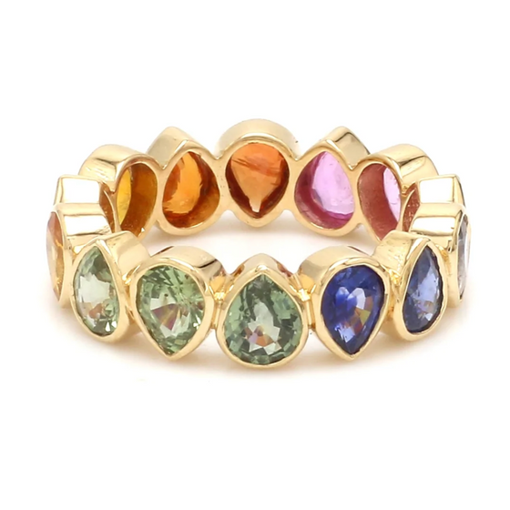 PARTY-COLORED SAPPHIRE BEZELED PEAR ETERNAL RING