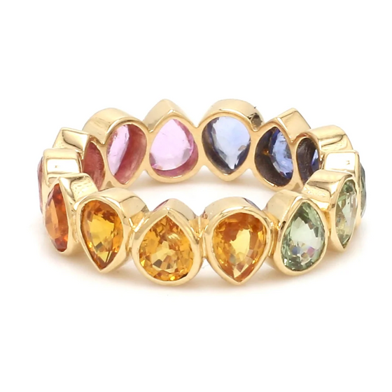 PARTY-COLORED SAPPHIRE BEZELED PEAR ETERNAL RING