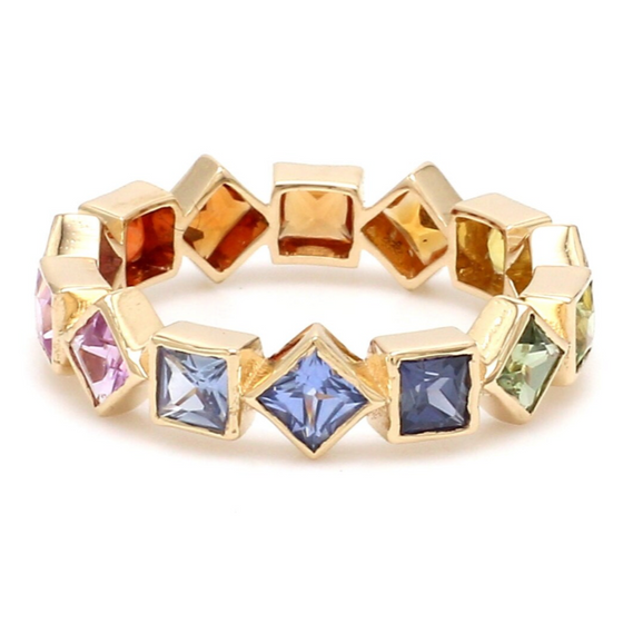 PARTY-COLORED SAPPHIRE PRINCESS-CUT BEZELED ETERNAL RING