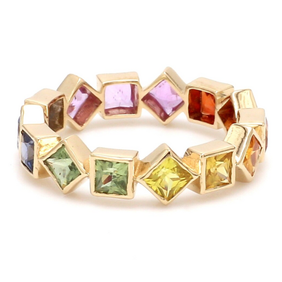 PARTY-COLORED SAPPHIRE PRINCESS-CUT BEZELED ETERNAL RING