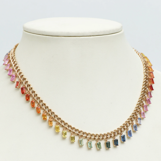 PARTY-COLORED SAPPHIRE EMERALD-CUT CHAIN NECKLACE