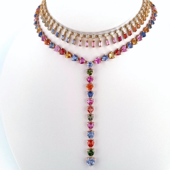 PARTY-COLORED SAPPHIRE HEART-DROP NECKLACE | LARIAT NECKLACE